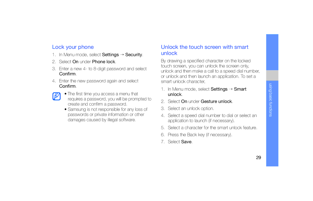 Samsung GT-S5620DAAXEF, GT-S5620KOAEPL, GT-S5620KOADBT manual Lock your phone, Unlock the touch screen with smart unlock 