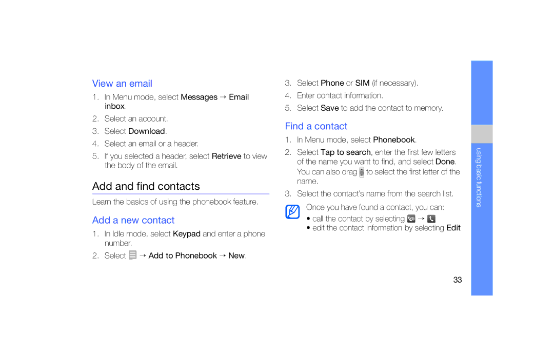 Samsung GT-S5620DAATIM, GT-S5620KOAEPL manual Add and find contacts, View an email, Add a new contact, Find a contact 