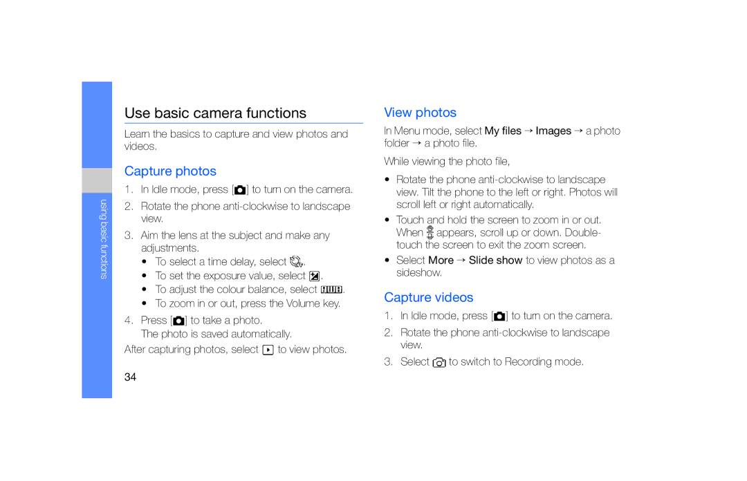Samsung GT-S5620CWATIM, GT-S5620KOAEPL manual Use basic camera functions, Capture photos, View photos, Capture videos 