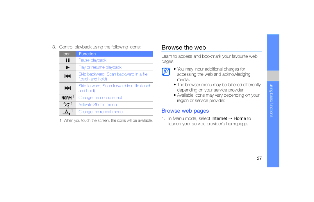 Samsung GT-S5620PWATIM, GT-S5620KOAEPL manual Browse the web, Browse web pages, Control playback using the following icons 