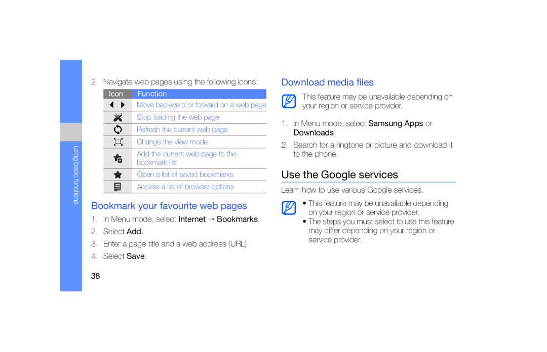 Samsung GT-S5620DKAWIN, GT-S5620KOAEPL Use the Google services, Bookmark your favourite web pages, Download media files 