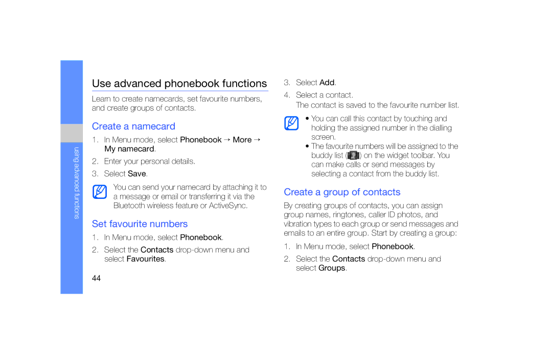 Samsung GT-S5620DKAOMN, GT-S5620KOAEPL manual Use advanced phonebook functions, Create a namecard, Set favourite numbers 