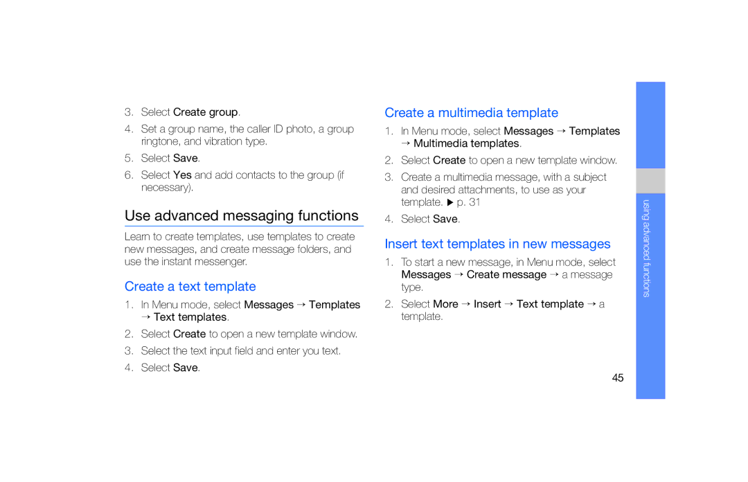 Samsung GT-S5620CWAEUS manual Use advanced messaging functions, Create a text template, Create a multimedia template 