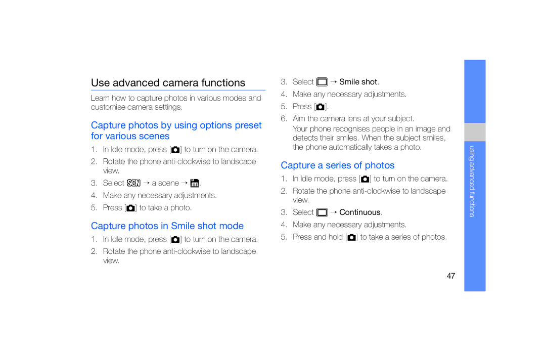 Samsung GT-S5620PWAYOG manual Use advanced camera functions, Capture photos by using options preset for various scenes 