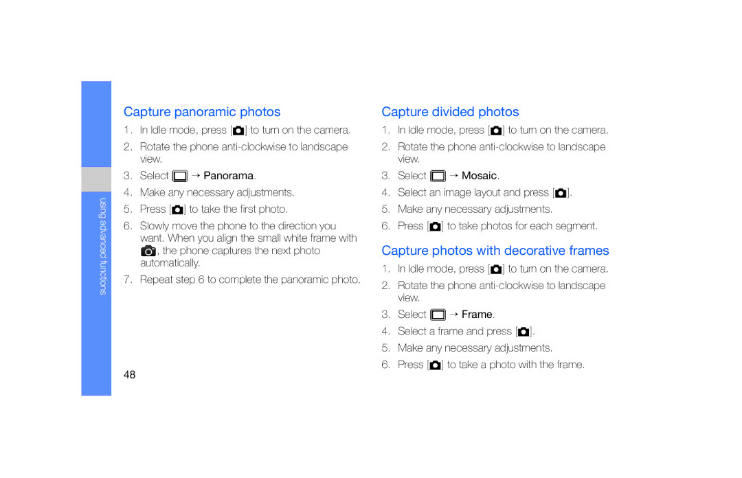Samsung GT-S5620DKATEE manual Capture panoramic photos, Capture divided photos, Capture photos with decorative frames 