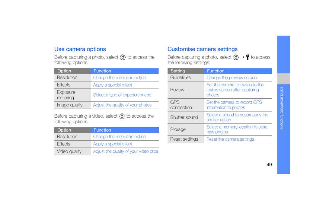 Samsung GT-S5620DAZXEC, GT-S5620KOAEPL, GT-S5620KOADBT, GT-S5620DKFVIA manual Use camera options, Customise camera settings 