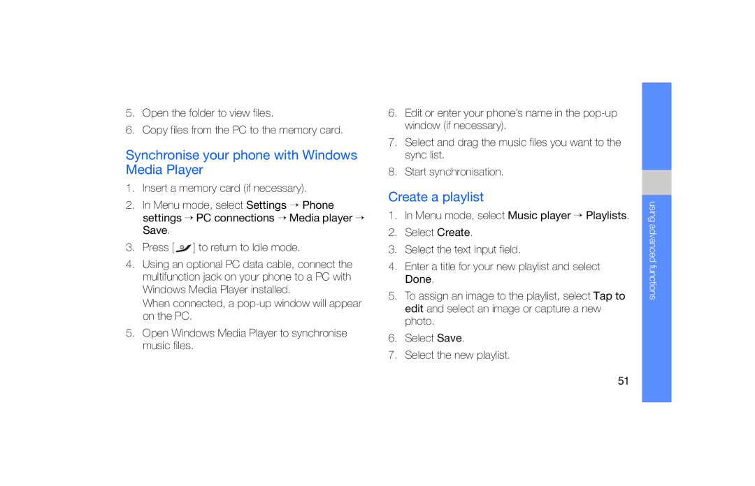 Samsung GT-S5620UAAXEC, GT-S5620KOAEPL, GT-S5620KOADBT Synchronise your phone with Windows Media Player, Create a playlist 
