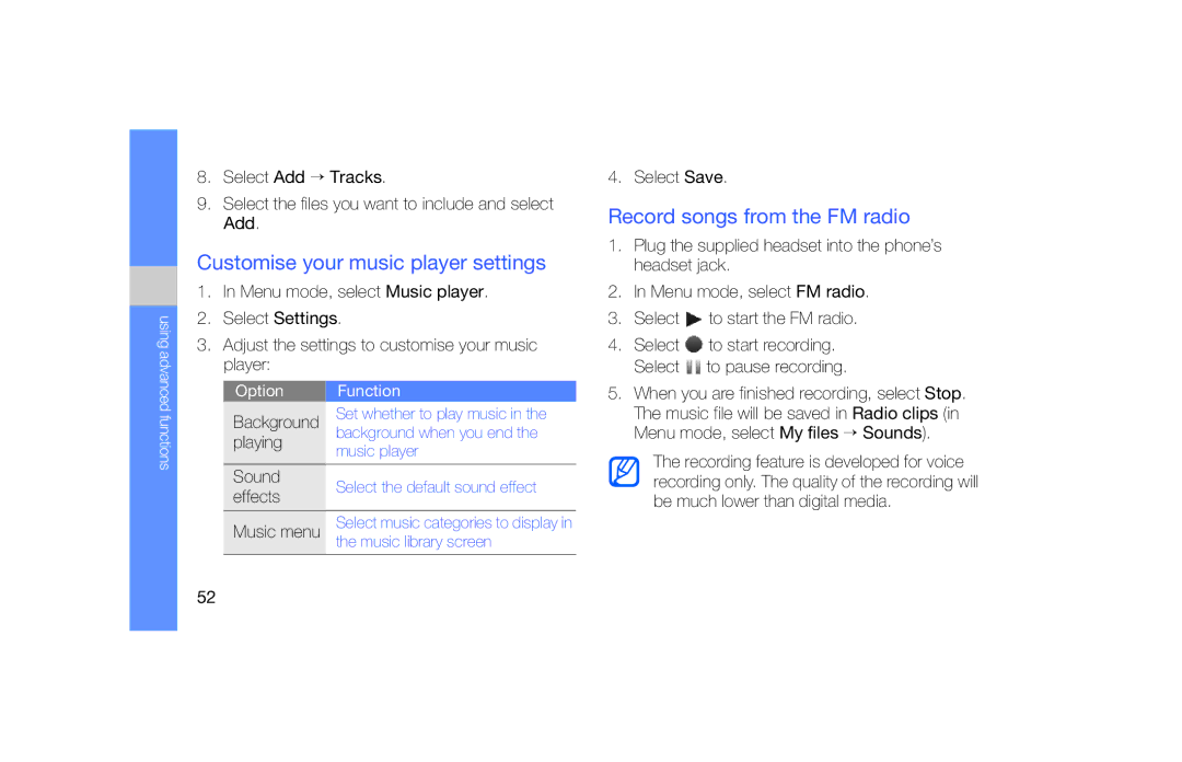 Samsung GT-S5620TIAATL, GT-S5620KOAEPL, GT-S5620KOADBT Customise your music player settings, Record songs from the FM radio 