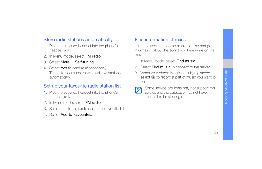 Samsung GT-S5620PIAATL, GT-S5620KOAEPL manual Store radio stations automatically, Set up your favourite radio station list 