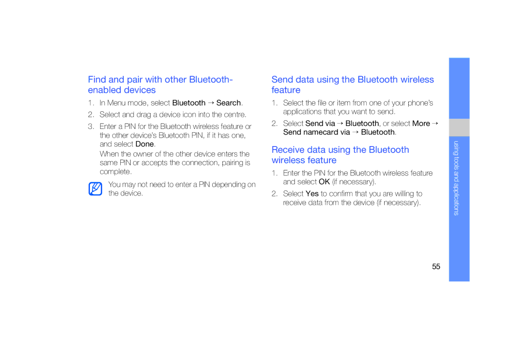 Samsung GT-S5620DKZXEC Find and pair with other Bluetooth- enabled devices, Send data using the Bluetooth wireless feature 