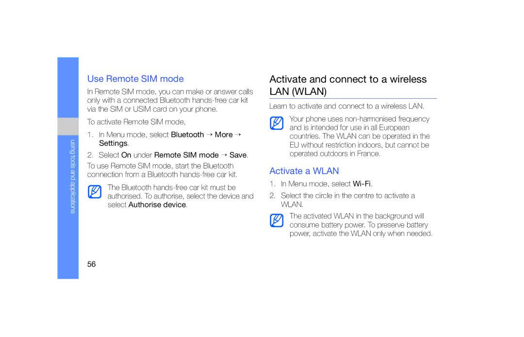 Samsung GT-S5620DKAXEC, GT-S5620KOAEPL Activate and connect to a wireless LAN Wlan, Use Remote SIM mode, Activate a Wlan 