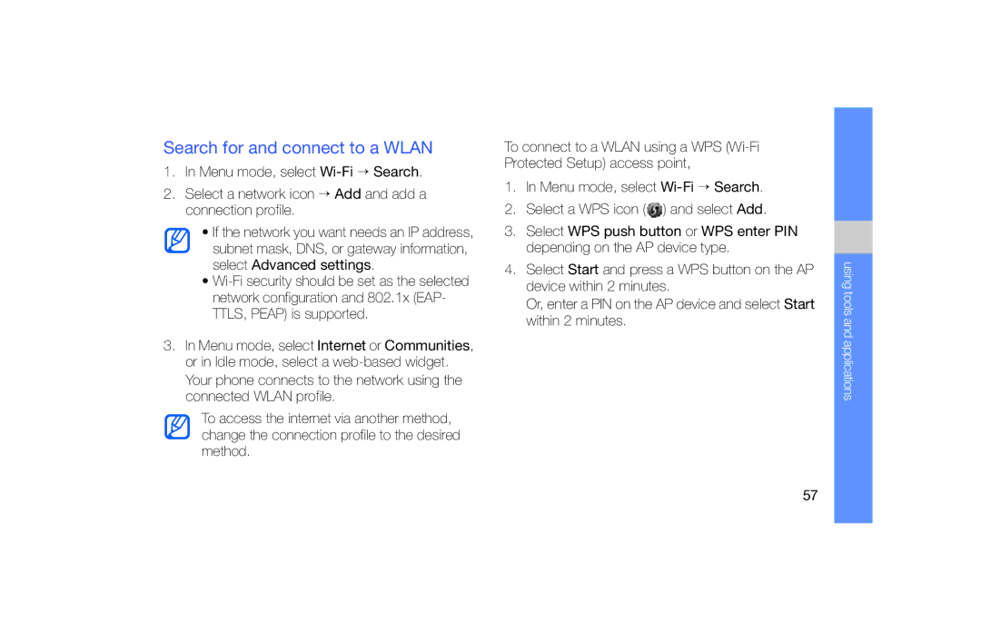 Samsung GT-S5620DKAEUS, GT-S5620KOAEPL, GT-S5620KOADBT, GT-S5620DKFVIA, GT-S5620DAADBT manual Search for and connect to a Wlan 