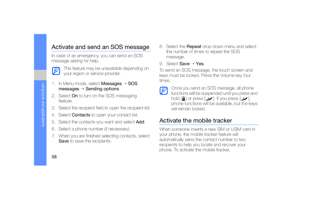 Samsung GT-S5620KOAFOP, GT-S5620KOAEPL, GT-S5620KOADBT manual Activate and send an SOS message, Activate the mobile tracker 