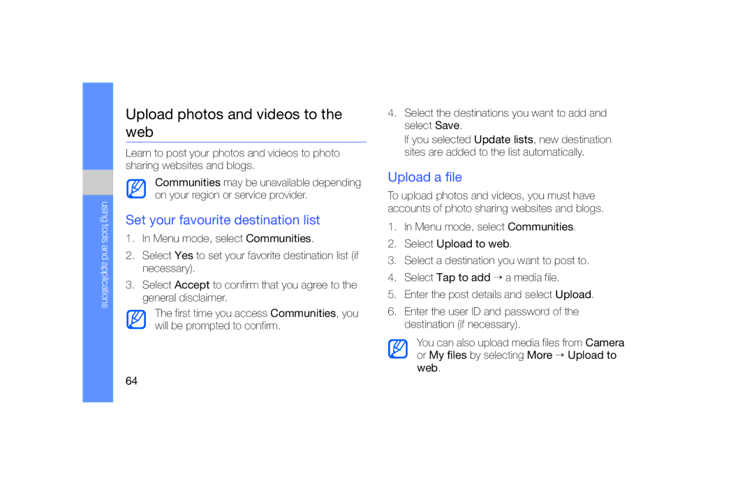 Samsung GT-S5620KOAAMN manual Upload photos and videos to the web, Set your favourite destination list, Upload a file 
