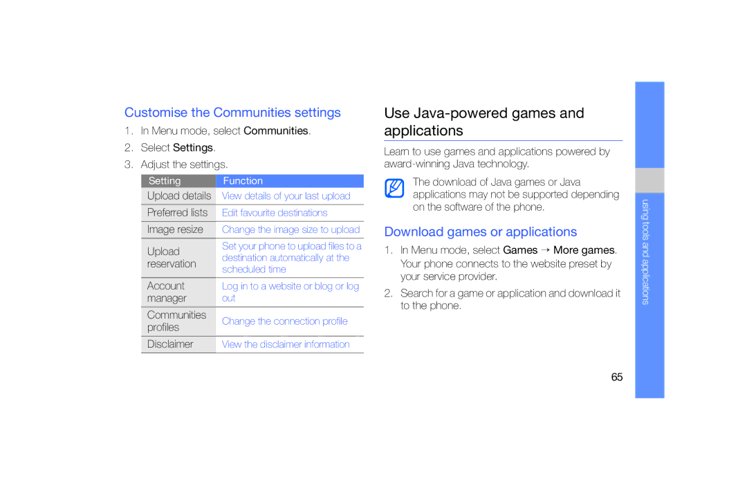 Samsung GT-S5620TIIXEC, GT-S5620KOAEPL manual Use Java-powered games and applications, Customise the Communities settings 