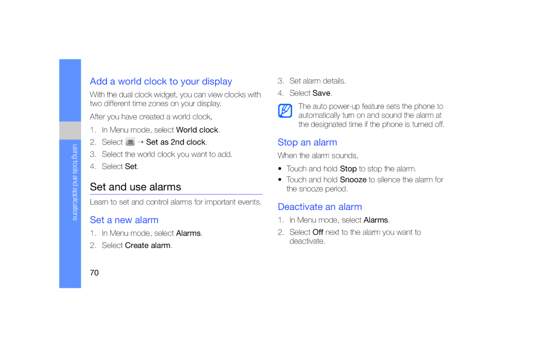 Samsung GT-S5620DKAATL manual Set and use alarms, Add a world clock to your display, Set a new alarm, Stop an alarm 