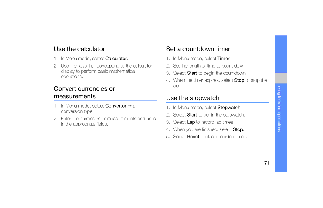 Samsung GT-S5620DAAYOG Use the calculator, Convert currencies or measurements, Set a countdown timer, Use the stopwatch 