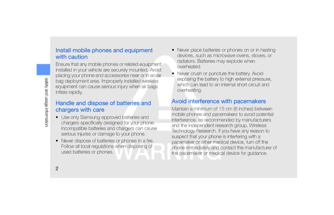 Samsung GT-S5620DKATUR manual Install mobile phones and equipment with caution, Avoid interference with pacemakers 