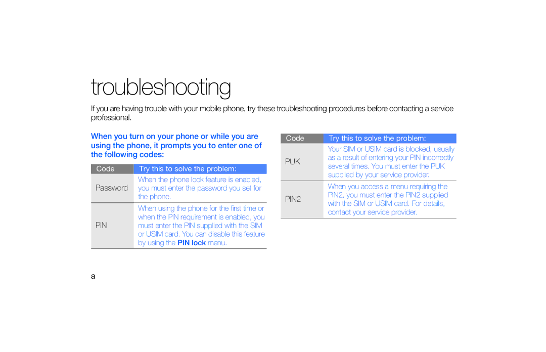 Samsung GT-S5620UAJXEC, GT-S5620KOAEPL, GT-S5620KOADBT, GT-S5620DKFVIA, GT-S5620DAADBT, GT-S5620DKADBT manual Troubleshooting 