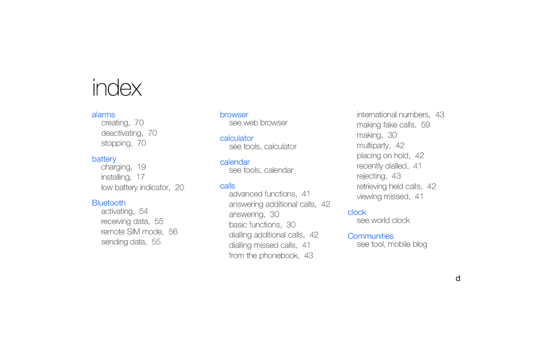 Samsung GT-S5620DAAEUS Deactivating, 70 stopping, Installing Low battery indicator, See web browser, See tools, calculator 