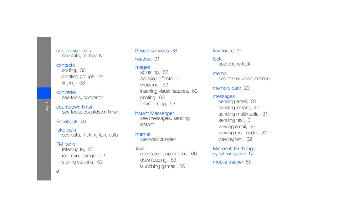 Samsung GT-S5620CWAATL manual Creating groups, 44 finding, See tools, convertor, See tools, countdown timer, See phone lock 