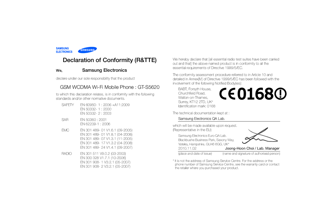Samsung GT-S5620DKAFOP, GT-S5620KOAEPL manual Declaration of Conformity R&TTE, GSM Wcdma Wi-Fi Mobile Phone GT-S5620 