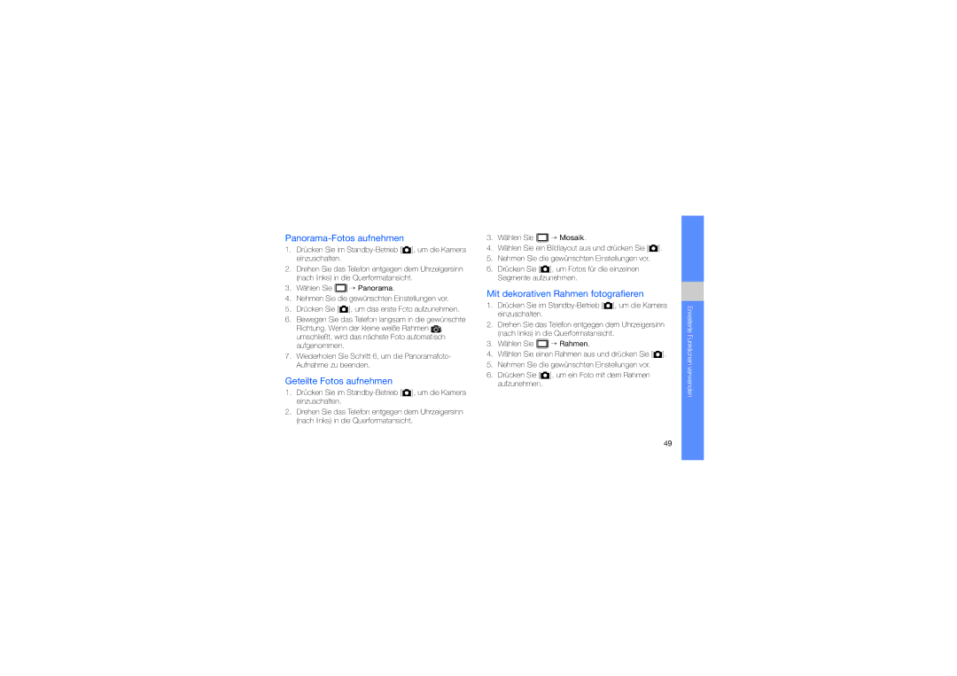 Samsung GT-S5620DKADBT manual Panorama-Fotos aufnehmen, Geteilte Fotos aufnehmen, Mit dekorativen Rahmen fotografieren 