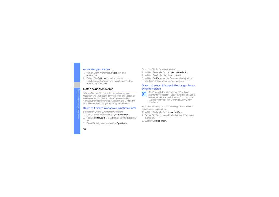 Samsung GT-S5620DKADBT manual Daten synchronisieren, Anwendungen starten, Daten mit einem Webserver synchronisieren 