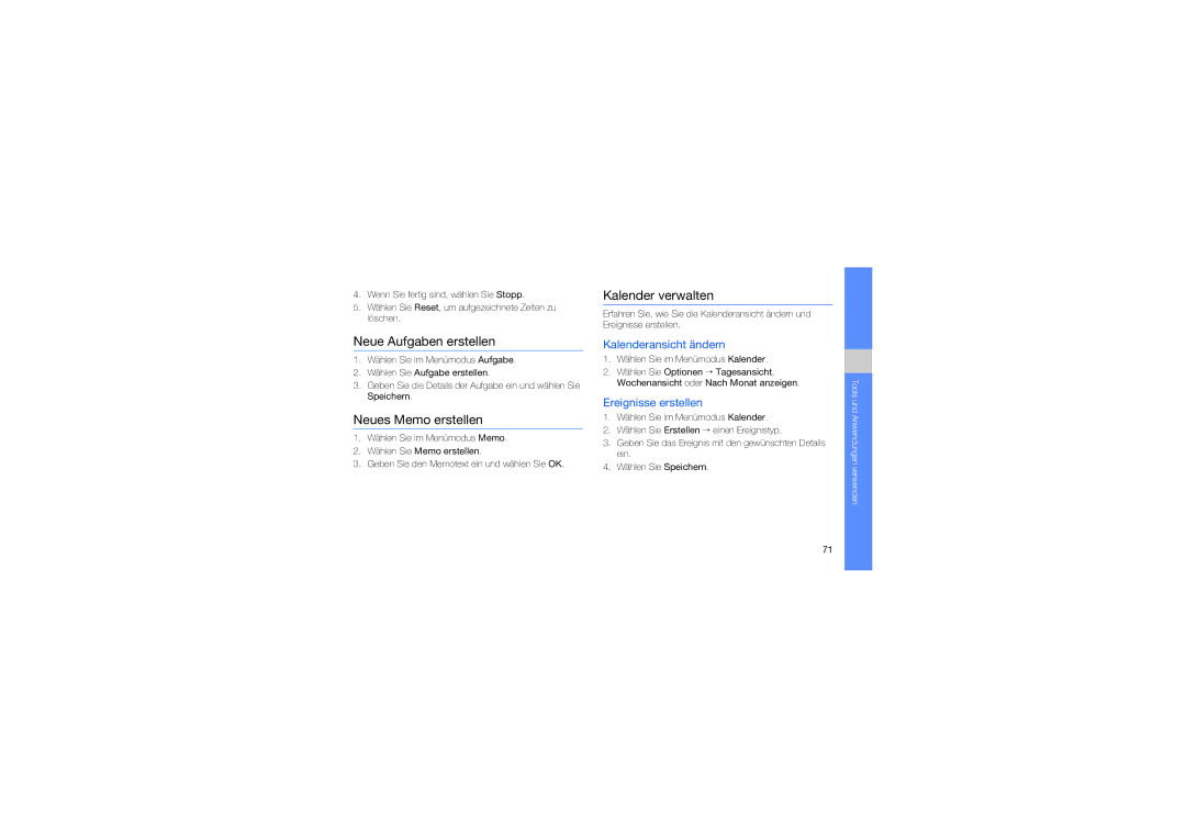 Samsung GT-S5620DKADTM manual Neue Aufgaben erstellen, Neues Memo erstellen, Kalender verwalten, Kalenderansicht ändern 