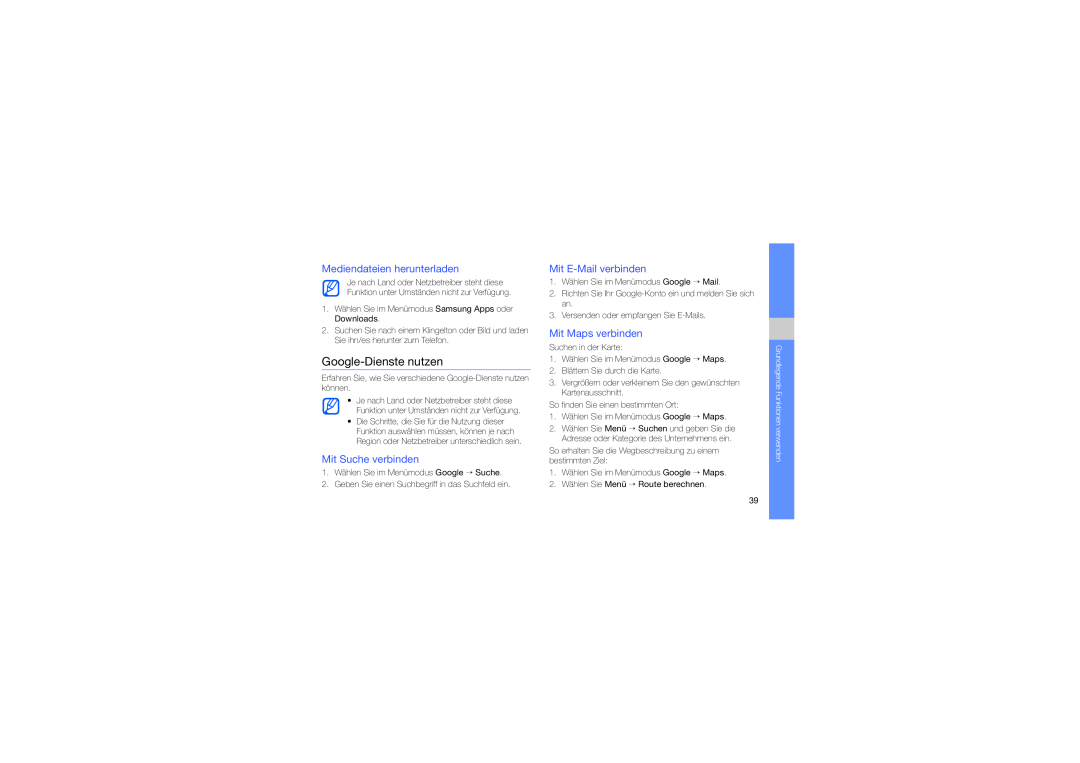 Samsung GT-S5620PWADBT manual Google-Dienste nutzen, Mediendateien herunterladen, Mit Suche verbinden, Mit E-Mail verbinden 