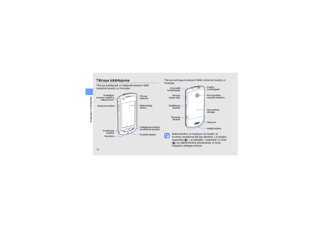 Samsung GT-S5620KOASEB, GT-S5620TIASEB, GT-S5620TIRSEB manual Tālruņa izkārtojums, Skārienekrānu un taustiņus var bloķēt, lai 