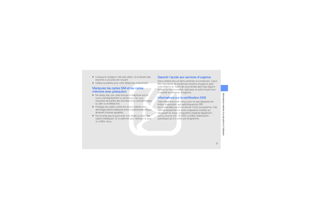 Samsung GT-S5620DKABOG, GT-S5620TIRXEF manual Garantir laccès aux services durgence, Informations sur la certification DAS 
