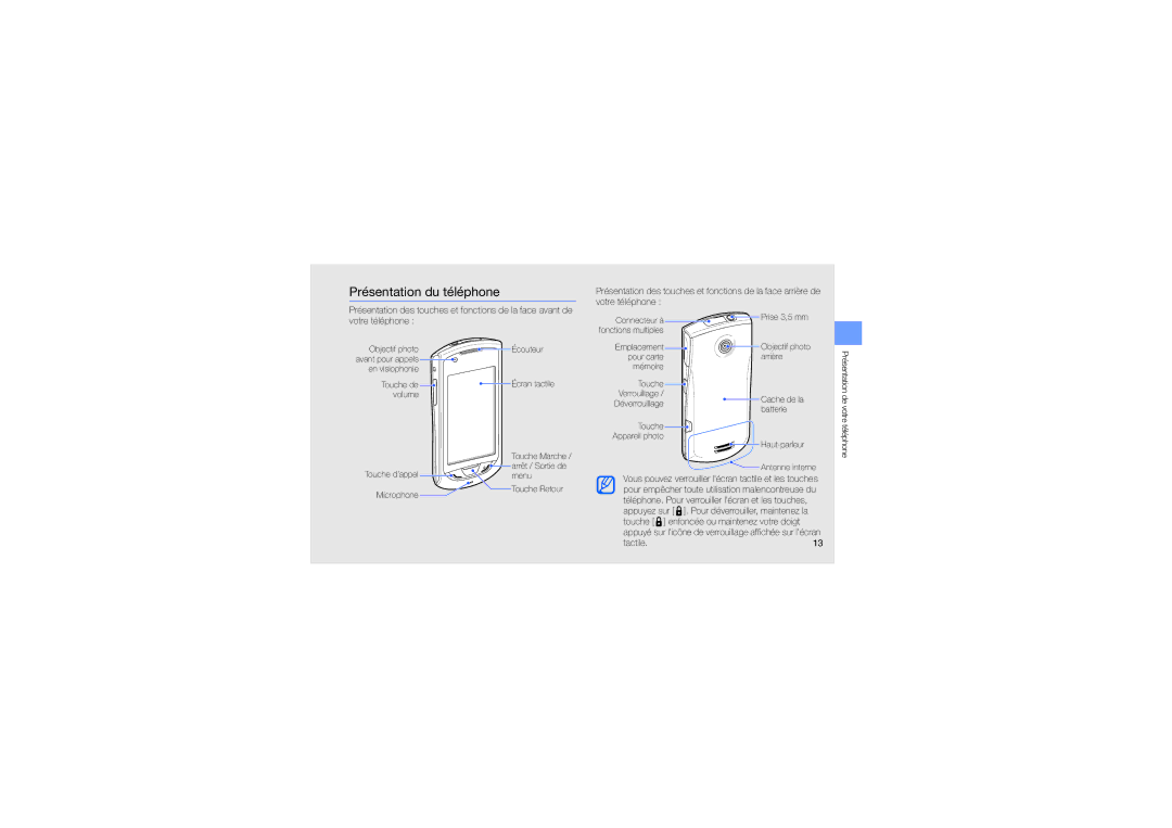 Samsung GT-S5620DKALPM, GT-S5620TIRXEF, GT-S5620DAAFTM, GT-S5620KOAXEF, GT-S5620DKAVGF Présentation du téléphone, Tactile.13 