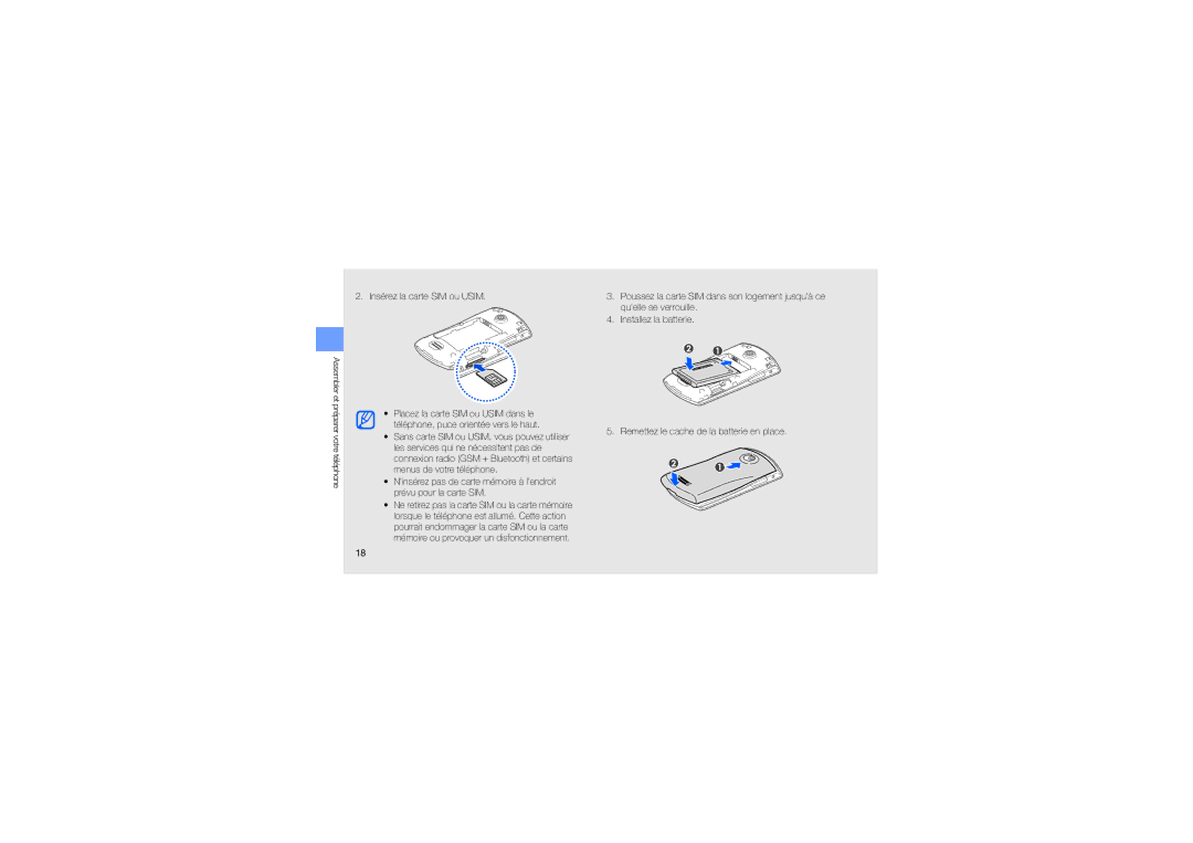 Samsung GT-S5620CWAFTM, GT-S5620TIRXEF, GT-S5620DAAFTM, GT-S5620KOAXEF, GT-S5620DKAVGF manual Insérez la carte SIM ou Usim 