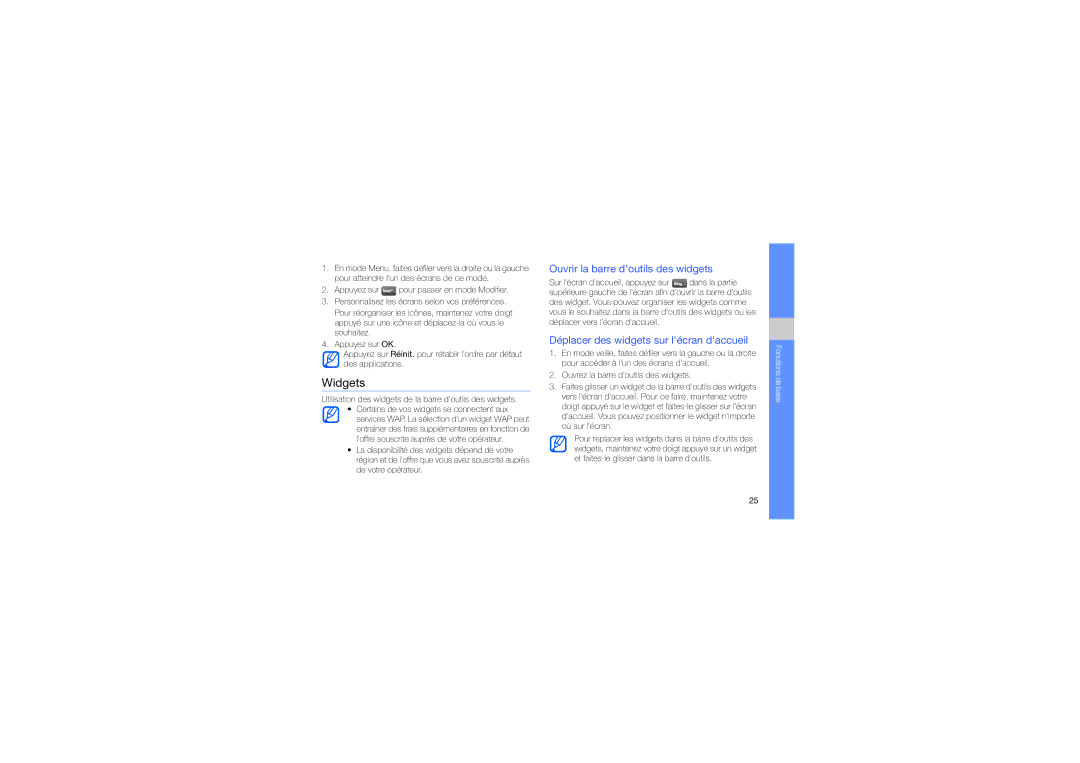 Samsung GT-S5620DKAORC manual Widgets, Ouvrir la barre doutils des widgets, Déplacer des widgets sur lécran daccueil 