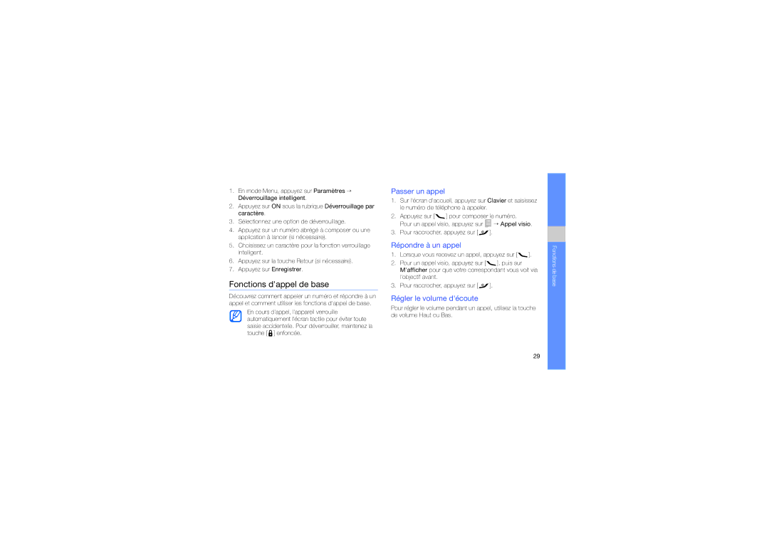 Samsung GT-S5620DAAORC manual Fonctions dappel de base, Passer un appel, Répondre à un appel, Régler le volume découte 