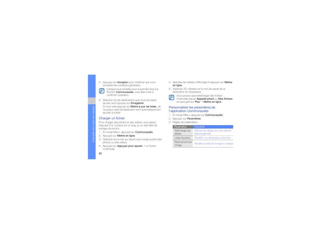 Samsung GT-S5620TIRSFR manual Charger un fichier, Personnaliser les paramètres de lapplication Communautés, Télécharger les 