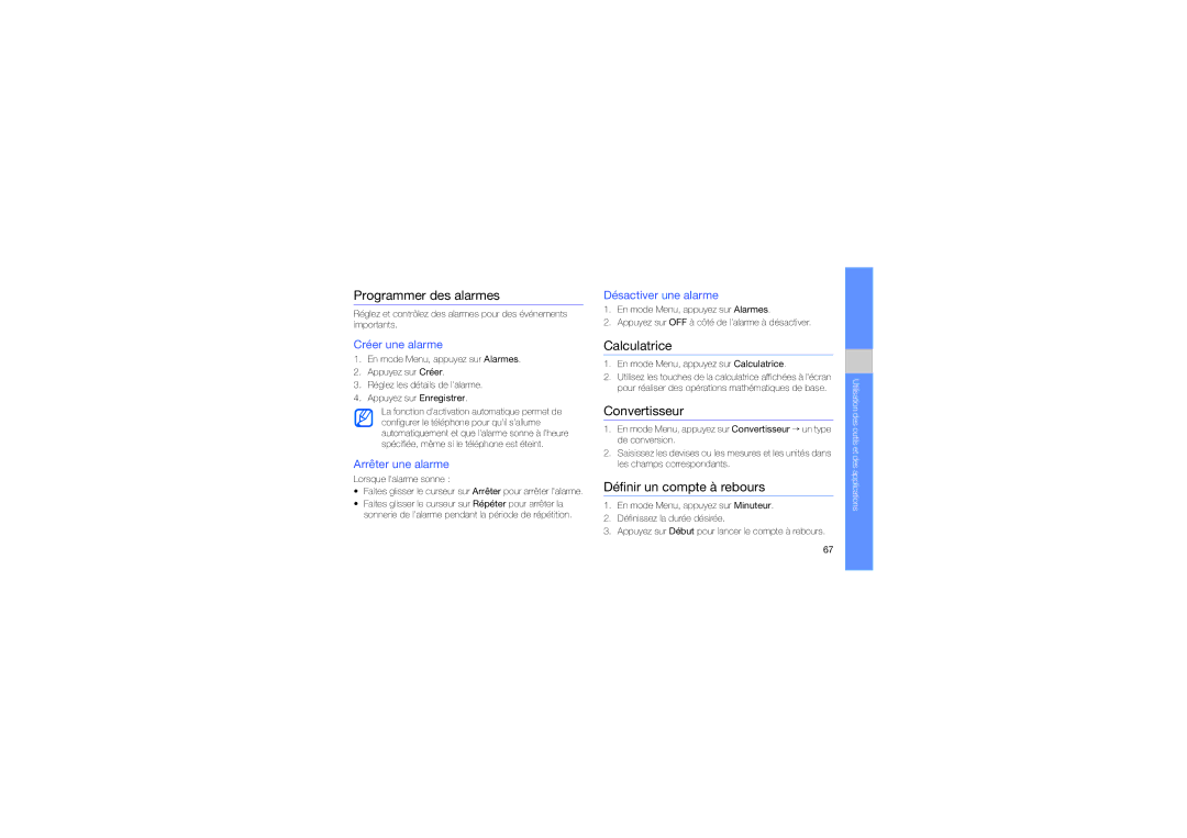 Samsung GT-S5620DKABOG, GT-S5620TIRXEF Programmer des alarmes, Calculatrice, Convertisseur, Définir un compte à rebours 