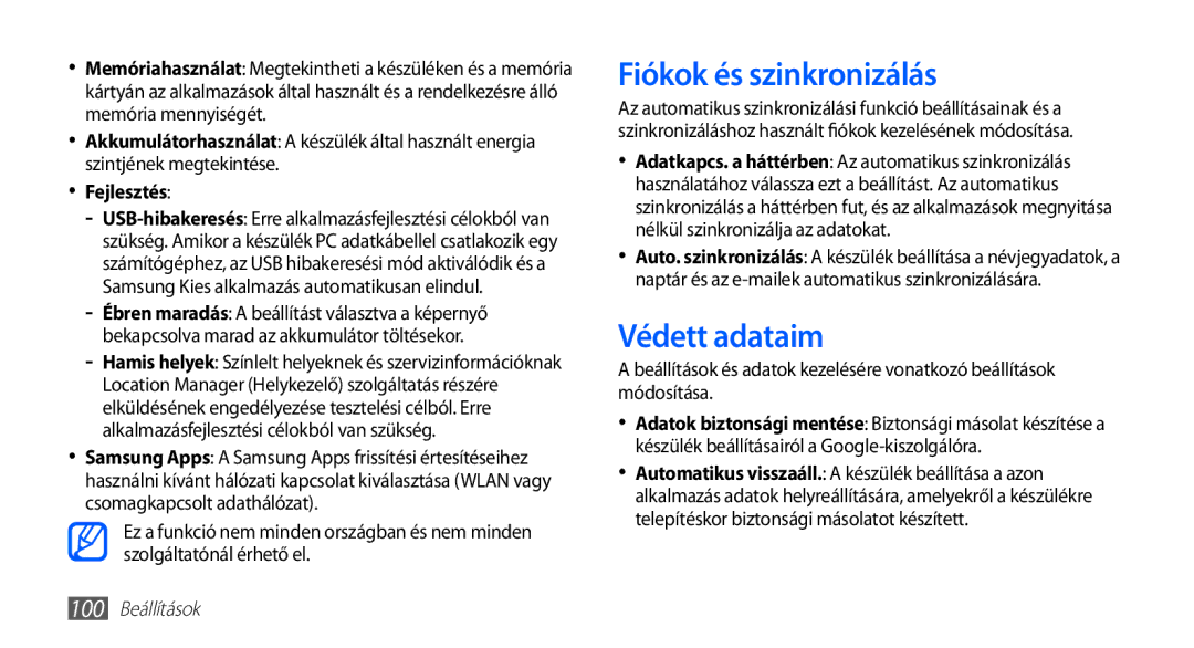 Samsung GT-S5660DSAPAN, GT-S5660DSADBT, GT-S5660DSAATO manual Fiókok és szinkronizálás, Védett adataim, 100 Beállítások 