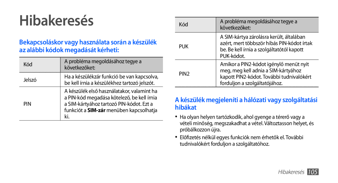 Samsung GT-S5660DSAAUT, GT-S5660DSADBT, GT-S5660DSAATO, GT-S5660DSVOMN, GT-S5660DSAMTL, GT-S5660SWAXEZ manual Hibakeresés 