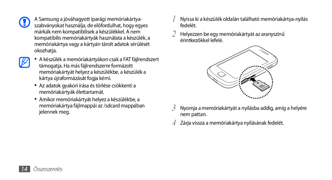 Samsung GT-S5660DSAROM, GT-S5660DSADBT, GT-S5660DSAATO, GT-S5660DSVOMN, GT-S5660DSAMTL, GT-S5660SWAXEZ manual 14 Összeszerelés 