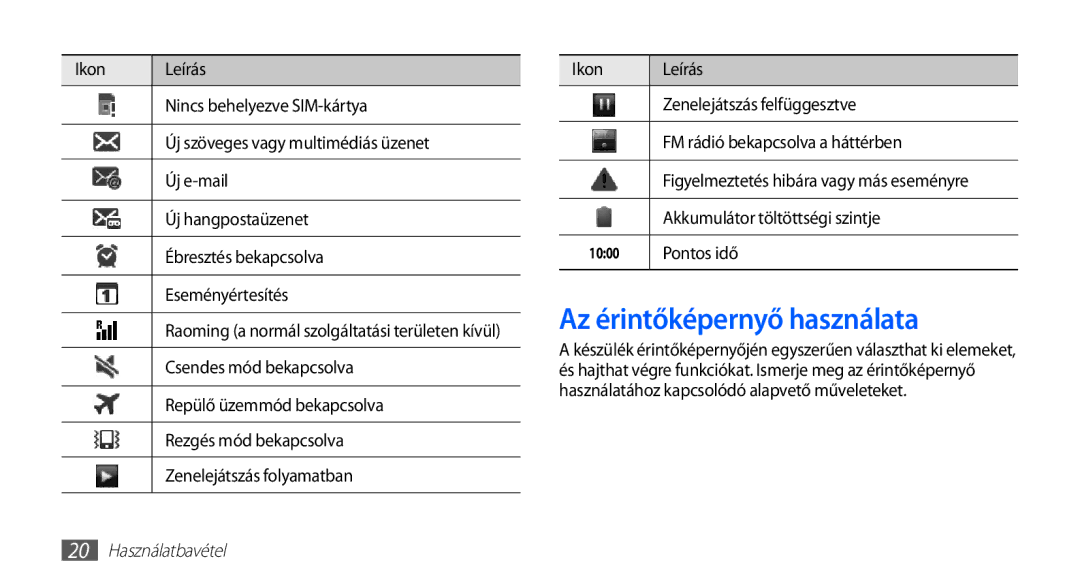 Samsung GT-S5660DSAXEH, GT-S5660DSADBT manual Az érintőképernyő használata, Akkumulátor töltöttségi szintje, Pontos idő 