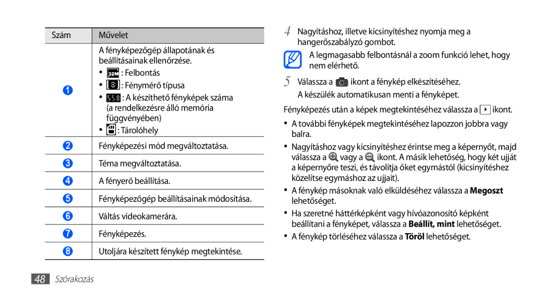 Samsung GT-S5660SWAXEZ, GT-S5660DSADBT, GT-S5660DSAATO manual Fénykép törléséhez válassza a Töröl lehetőséget, 48 Szórakozás 