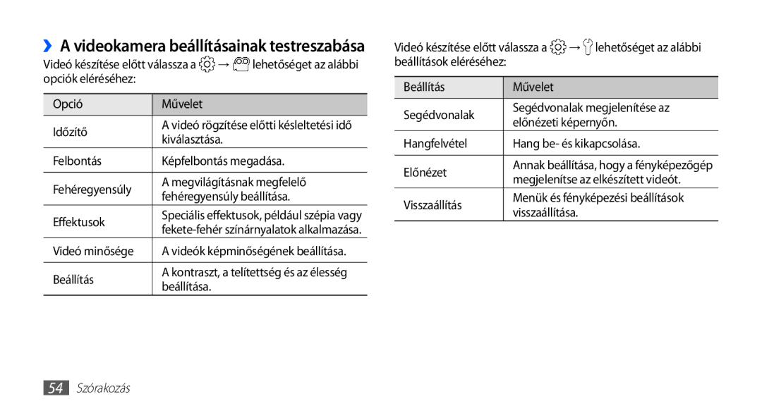 Samsung GT-S5660SWACOA ››A videokamera beállításainak testreszabása, Opciók eléréséhez Művelet Időzítő, Videó minősége 