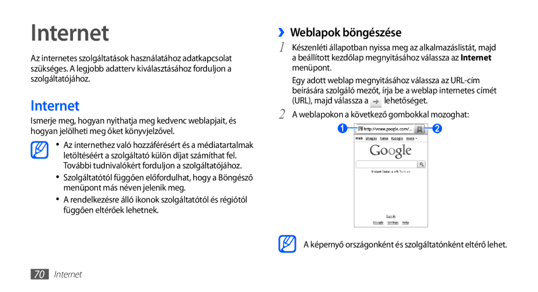 Samsung GT-S5660SWAXEZ, GT-S5660DSADBT manual Internet, ››Weblapok böngészése, Weblapokon a következő gombokkal mozoghat 