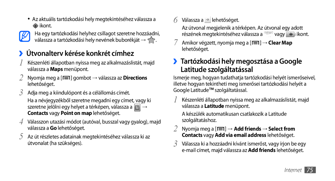 Samsung GT2S566DSAPAN, GT-S5660DSADBT, GT-S5660DSAATO manual ››Útvonalterv kérése konkrét címhez, Válassza a Maps menüpont 