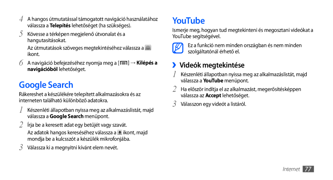 Samsung GT2S5660DSAVDH, GT-S5660DSADBT, GT-S5660DSAATO, GT-S5660DSVOMN manual Google Search, YouTube, ››Videók megtekintése 