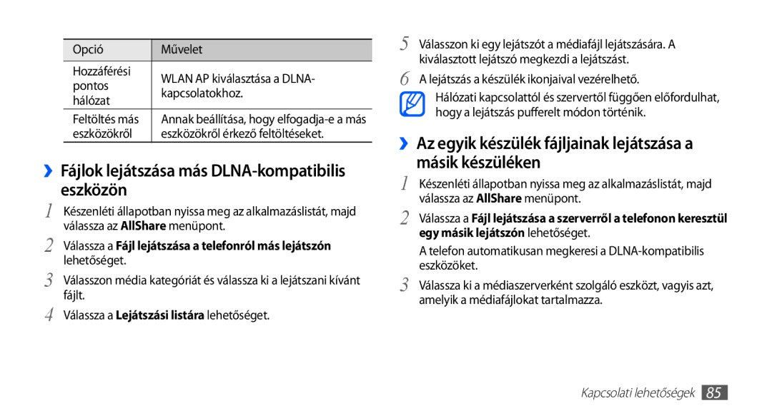 Samsung GT-S5660DSAPRT ››Fájlok lejátszása más DLNA-kompatibilis eszközön, Eszközökről Eszközökről érkező feltöltéseket 