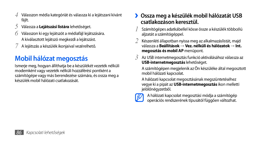 Samsung GT-S5660DSAXEH, GT-S5660DSADBT manual Mobil hálózat megosztás, Fájlt, Kiválasztott lejátszó megkezdi a lejátszást 