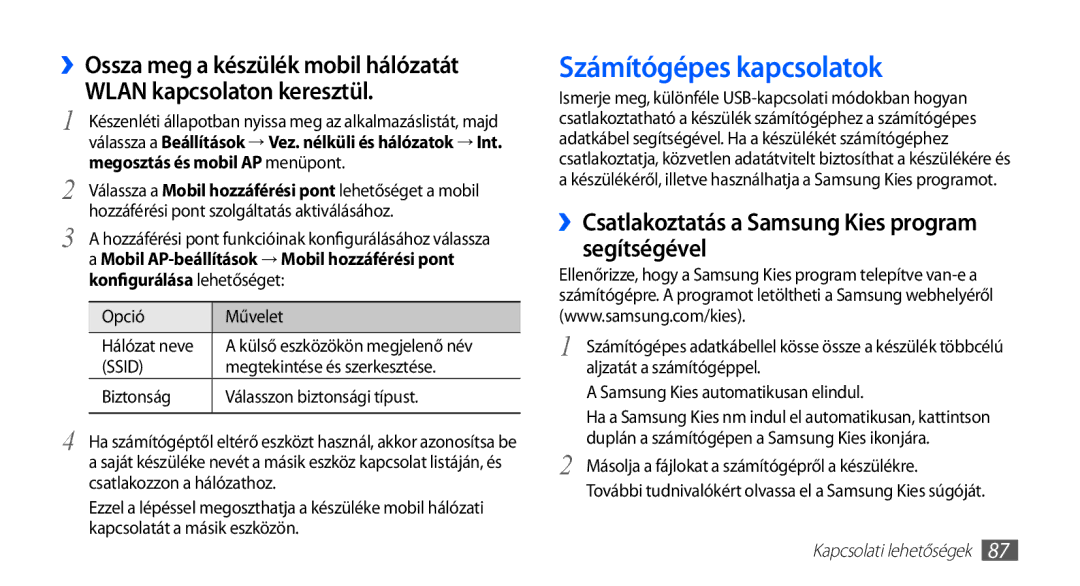 Samsung GT-S5660SWAPAN, GT-S5660DSADBT manual Számítógépes kapcsolatok, ››Csatlakoztatás a Samsung Kies program segítségével 